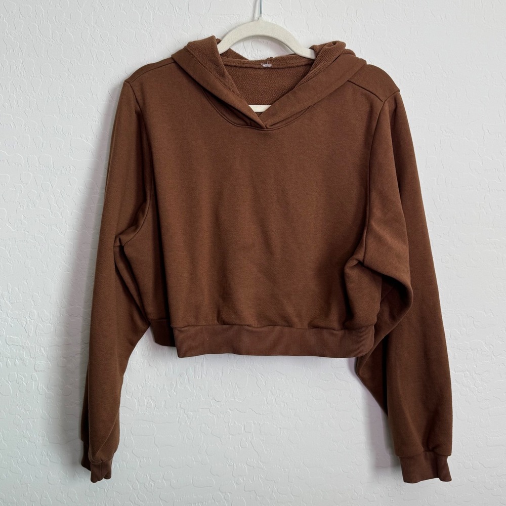 Alo Yoga Womens Cotton Blend Cropped Hoodie Brown Relaxed Pullover Sweatshirt
